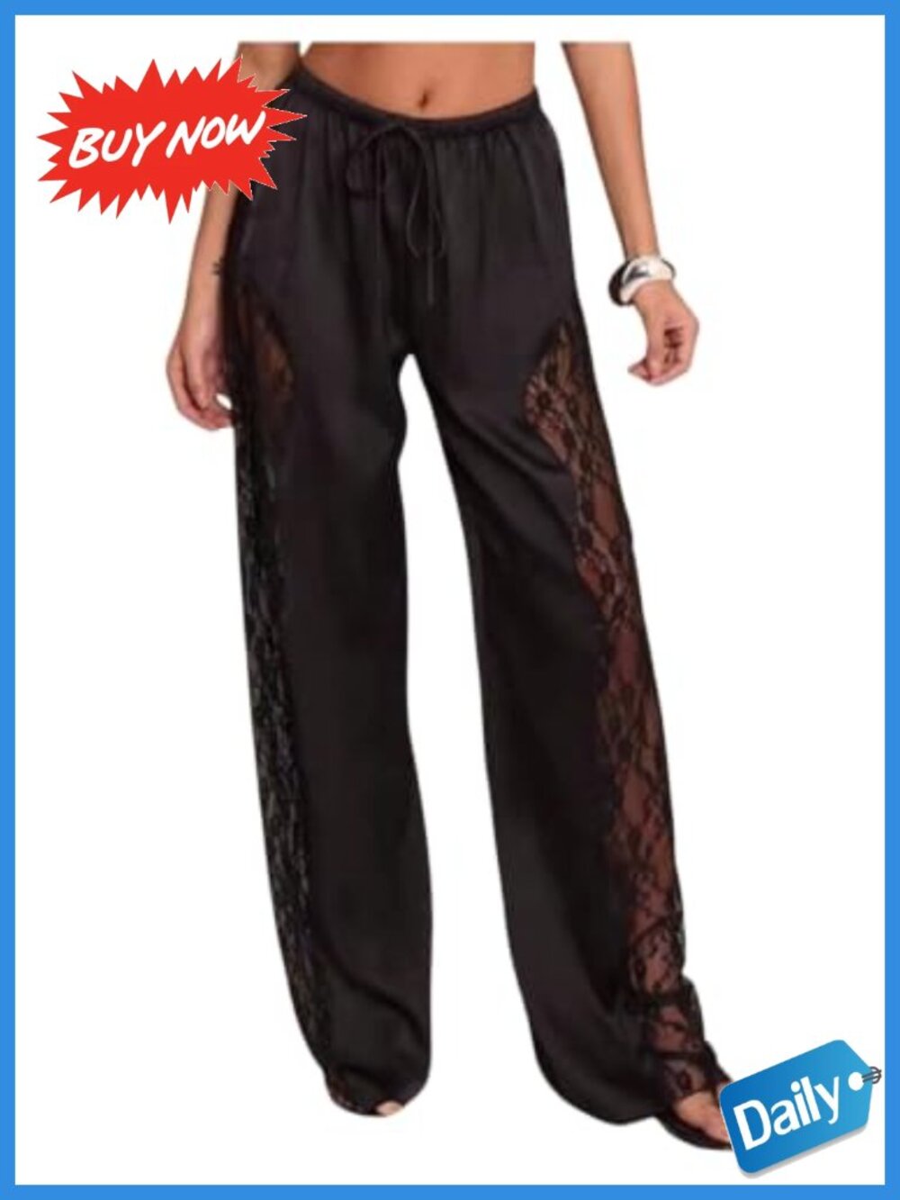 Satin Lace Straight Leg Drawstring Pants